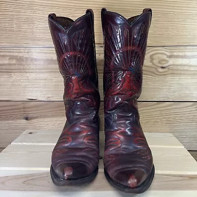 Vtg Sears Cowboy Boots Mens 9D Red Leather Peacock Stitch Pull On 86985 Pointy • $84