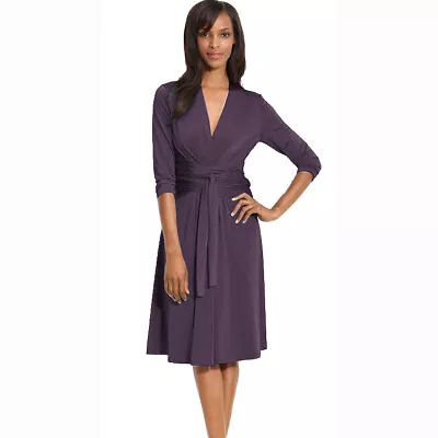 $49.95 • Buy Fluid Wrap Jersey Sleeve Dress Day Night Cocktail Party Casual Wear Eggplant