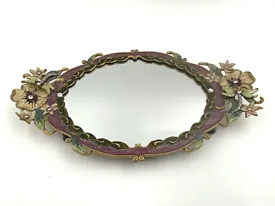 Vintage Mirrored Enamel Vanity Tray Flowers & Dragonflies Footed 11  Oval • $32