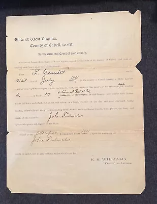 1901 Indictment For Selling Liquor On Sunday Cabell Co WV • $20