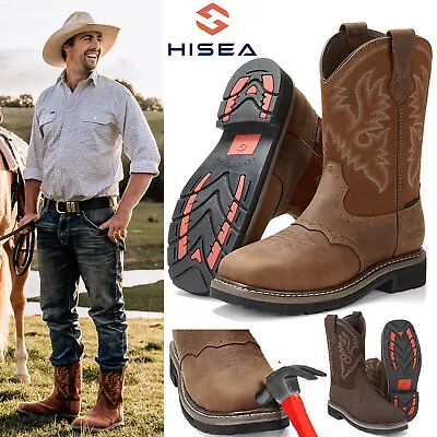 HISEA Men Steel Toe Work Boots Wide-Square Toe Genuine Leather Cowboy Botas Farm • $85.99