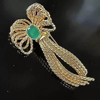 Vintage Napier Green Glass Twisted Rope Bow Gold Tone Dress Scarf Clip 2 1/2  • $20.50