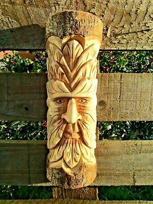 £16.99 • Buy Hand Carved Wooden Green Man Half Tree Trunk Stump Log Statue Wall Plaque 30cm