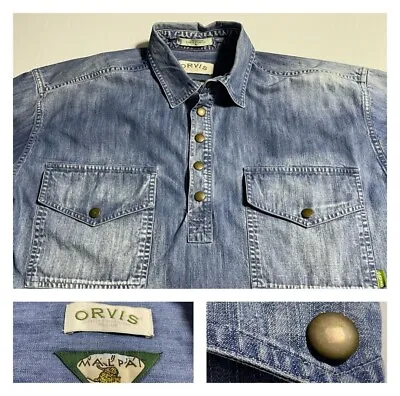 Orvis Denim Malpai Popover Shirt Faded Blue Cotton Snap Button XL+ • $39.95