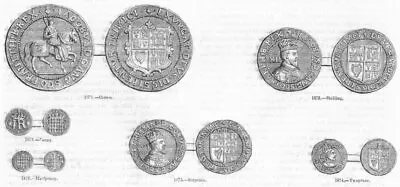 £13.99 • Buy COINS. James I; Crown; Penny; Hapenny; Shilling; 2 Pence 1845 Old Print
