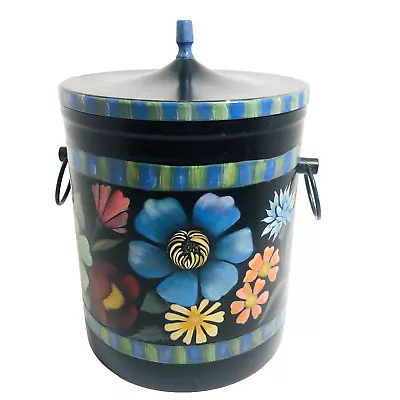 Vintage Folk Art Hand Painted Ice Bucket Toleware Flowers Boho 9.5  X 7  • $59