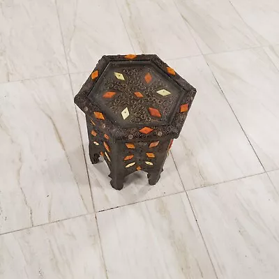 Unique Moroccan Side Table Handmade Brass And Inlaid Camel Bones  • $189.99