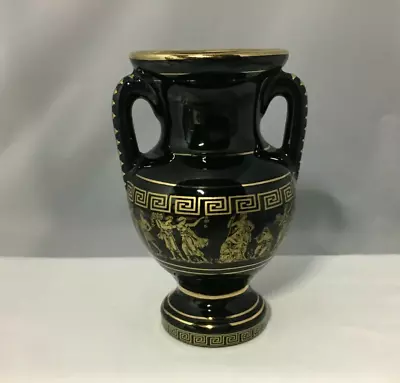 Greek Vase Urn Black Real Gold Hand Made Greece 24K Gold 4  Handles Sc 5-1/2  T • $29.95