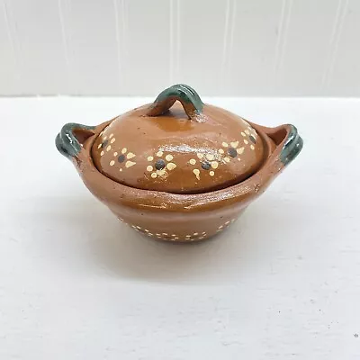 Vintage Clay Art Pottery Nesting Bowl Lid Mexico Brown Green 5” • $18.92