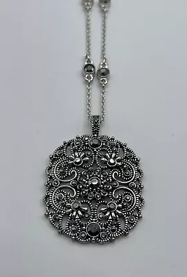 Vintage Signed Crown Trifari Marcasite Rhinestone Pendant Chain Necklace Jewelry • $12.99