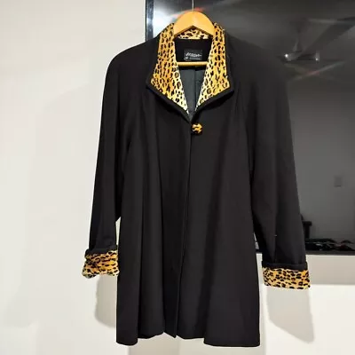 Vintage Leopard Print Black Coat From Stitches Australia Size 12 Faux Fur Fleece • $35.40