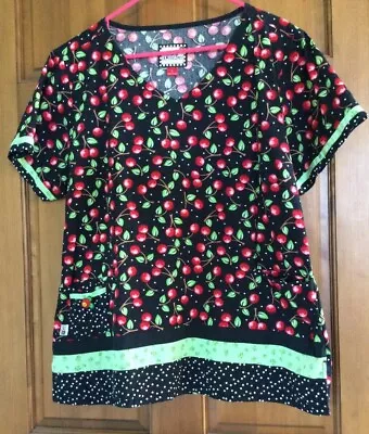 MARY ENGELBREIT M E Size Large Medical Scrub Top Shirt Black Red W/Cherries • $12.99