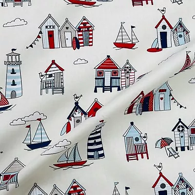 £1 • Buy Nautical Beach Huts 100% Cotton Fabric Craft Boys Bedroom Curtains 140cm Wide