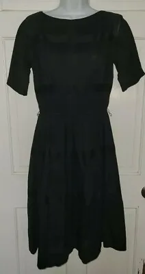 L'AIGLON Black Linen Full Pleated Pocket Skirt Dress S Vintage 60s • $19.99
