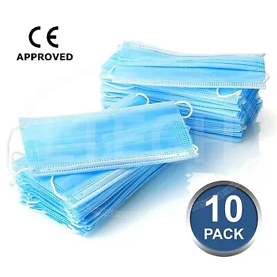 10 Pcs Disposable Non Surgical Mask 3PLY Blue Soft Breathable Elastic Ear Loops • £1.99