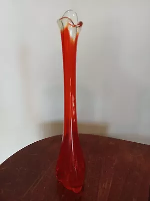 Viking Tri Foil Amberina Orange Persimmon 12  Swung Bud Vase Art Glass GLOWS • $16.86