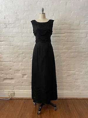 Vintage 1960s Black Silk Organza Floor Length Cocktail Gown With Tiered Lace • $50