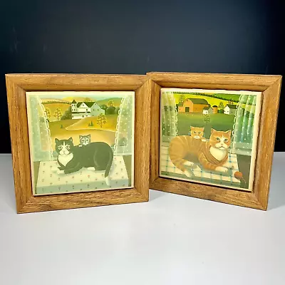 Vintage Kimberly Enterprise Ceramic Tile Cat Framed Tile Art Framed Set Of 2 • $19.95