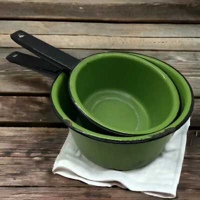 Enamelware Sauce Pans Pots Olive Green & Black Vintage Set Of 2 Camping • $10.20