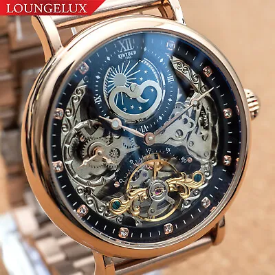 Mens Luxury Bling Dual Time Skeleton Automatic Mechanical Watch Stainless Steel • £75.01