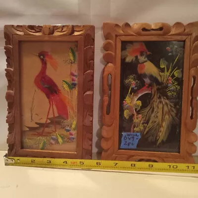 2 Vintage Mexican FeatherCraft Birds Hand Carved Frames Folk Art Golden Pheasant • $8