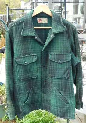 Vintage 50s BLACK BEAR Wool Mackinaw Coat  Hunting Green Plaid Jacket  USA SZ.L? • $79.25