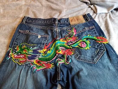 Rare Vintage Ed Hardy Jeans Baggy Embroidered Dragon 2008 W 36  X L 32” • £225