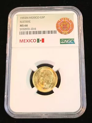 1955 Mexico Gold 5 Pesos G5p Hidalgo Ngc Ms 66 Gem Bu Spectacular Luster !!! • $389.95