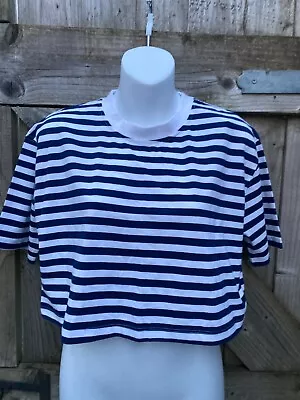 New Zara Blue/white Striped Cropped Nautical T Shirt Medium - Uk 10/12 • £8.99