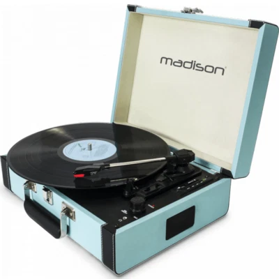 Retro Sky Blue Briefcase Turntable 33 45 78 RPM Portable Record Player Bluetooth • £75