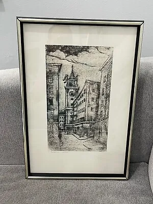 Vintage Signed Charcoal Drawing Of Clocktower & European Cityscape • $135