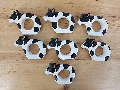 Pier 1 Black White Cottage Farmhouse Rustic Set Of 7 Wood Cow Napkin Rings • £28.87