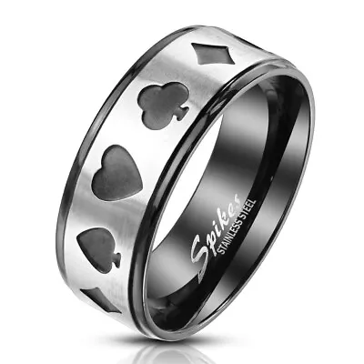 Stainless Steel Men's Poker Card Spade Hearts Clubs Black Band Ring Size 9-13 • $9.99