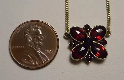 Dainty Antique Gold-Filled Bohemian Garnet Flower Necklace W 9K Gold Side Chains • $299.99