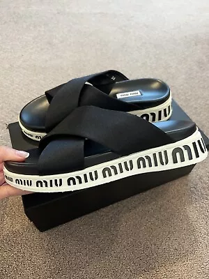 NIB MIU MIU PRADA BALTIC Black SATIN SANDALS FLATS 38 • $380