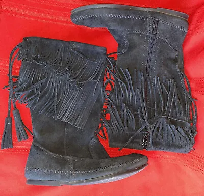Minnetonka Moccasin Boots Leather 2 Layer Suede Black 11” Tall Size 7 Side Zip • $29.99