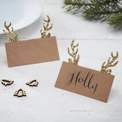 £4.79 • Buy GOLD GLITTER KRAFT NAME PLACE CARDS 10pk Christmas Reindeer Table Setting Decor