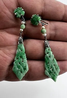 Gorgeous Carved Antique Chinese Pair Of Jade & White Gold Earrings • $650