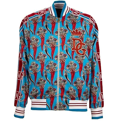 DOLCE & GABBANA Pepper DG Logo DNA Pearl Crystal Crown Jacket Blue Red 13672 • £869