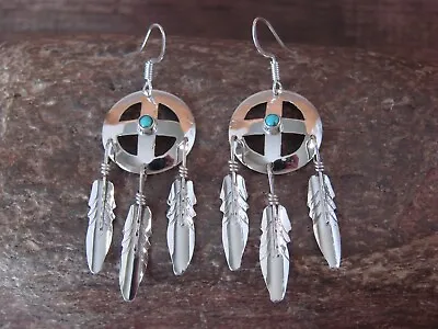 Navajo Sterling Silver & Turquoise Medicine Wheel Feather Dangle Earrings • $54.99