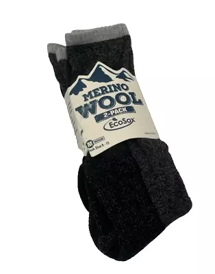 Ecosox Unisex Black Gray Merino Wool Stretch Hiking Crew Socks Size 9-11 2-Pack • $18