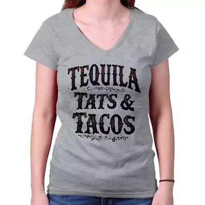 Tequila Tattoos Tacos Mexican Foodie Gift Womens Juniors Petite V-Neck Tee • $19.99