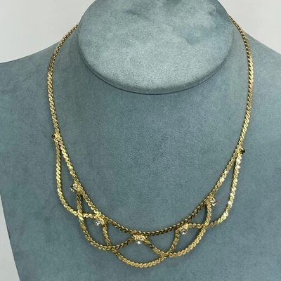 £3 • Buy Vintage Pennino Necklace Gold Tone Twisted Flat Chain Collar Bib Rhinestone