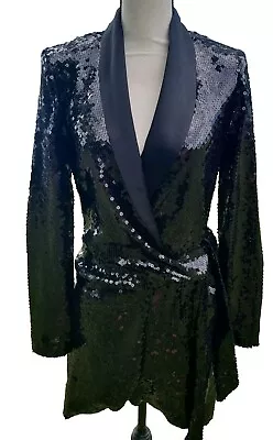 NEW! Zara Sequin Collared Wrap Dress Size Small Black Blazer Tuxedo Wrap Tie • $89.99