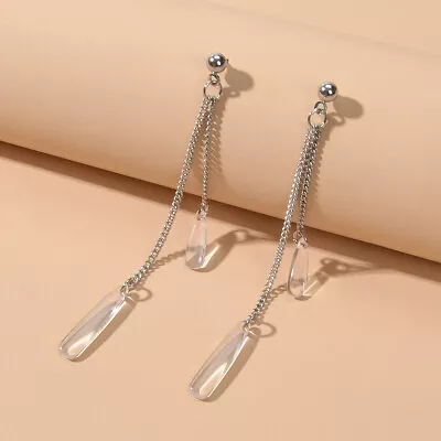 Long Silver Chain Acrylic Water Drop Pendant Earrings Ladies Party Jewellery  • $1.97