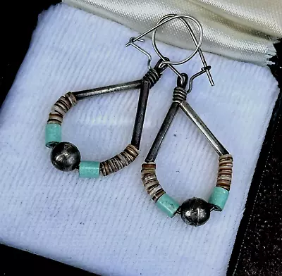 Vintage Silver Native American Turquoise Heshi Bead Drop Earrings Vintage • $12.95