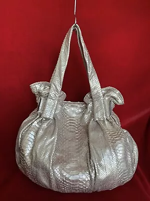 Zagliani Metallic Silver Python Leather Large Tote Shoulder Bag • $1395