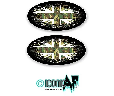 2Pc Oval FADE TO BLACK Green Camouflage Union Jack British Flag Car Sticker 75mm • £2.59