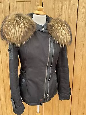 Ladies BLACK Luxy London REAL Fur Parka Coat Leather TRIM UK 10 36' • £95