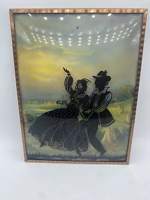 VINTAGE SILHOUETTE CONVEX BUBBLE GLASS FRAME REVERSE PAINTED DANCING COUPLE 8x6 • $9.99